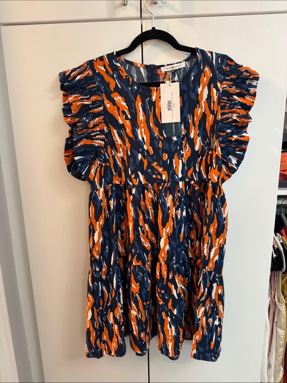 Women’s NWT Michelle McDowell- Navy and Orange Ruffle Sleeve Dress